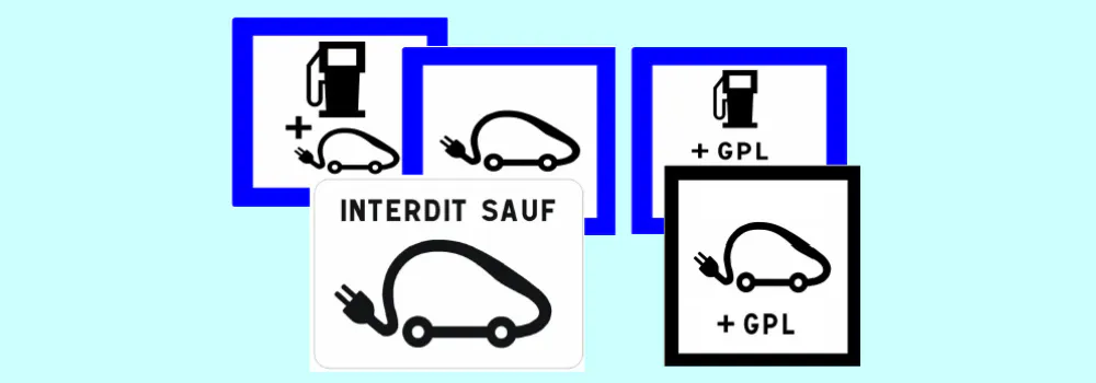 Los símbolos clave para identificar áreas de recarga al conducir en Francia con coche eléctrico.