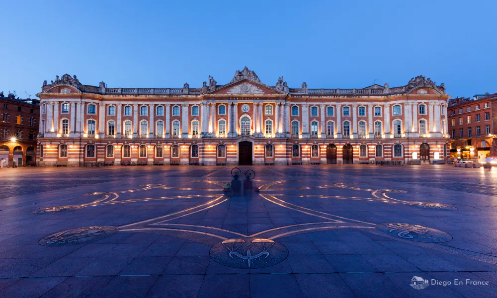 Panoramic view of the illuminated Capitole, one of the most iconic places to see in Toulouse.