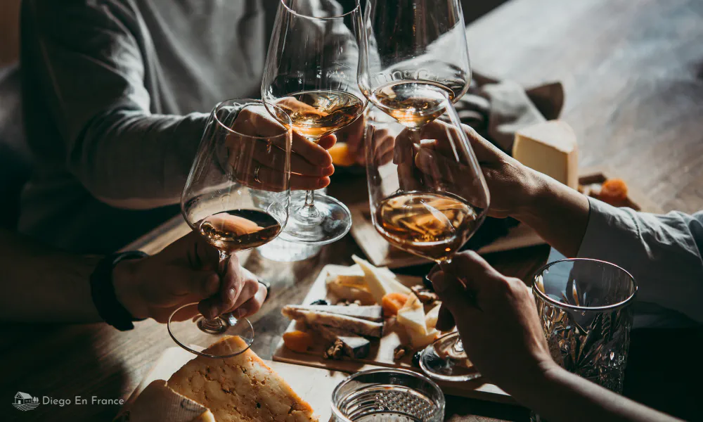 People at a wine and cheese tasting in Toulouse, part of a gastronomic tour to discover regional specialties and culinary culture.