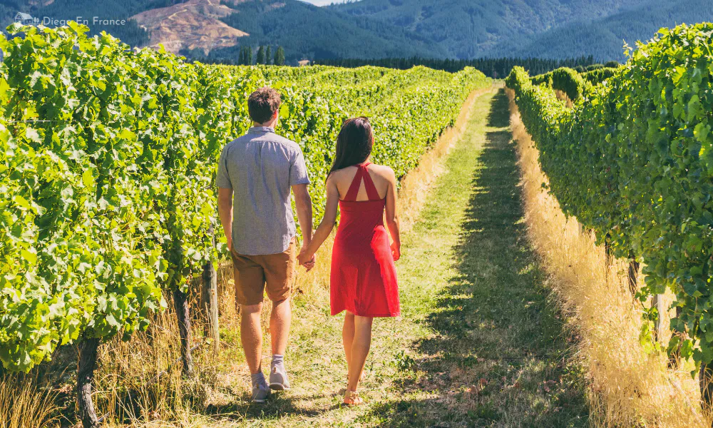 Couple touring vineyards during a gastronomic tour in Toulouse, discovering regional specialties such as local wines and charcuterie.