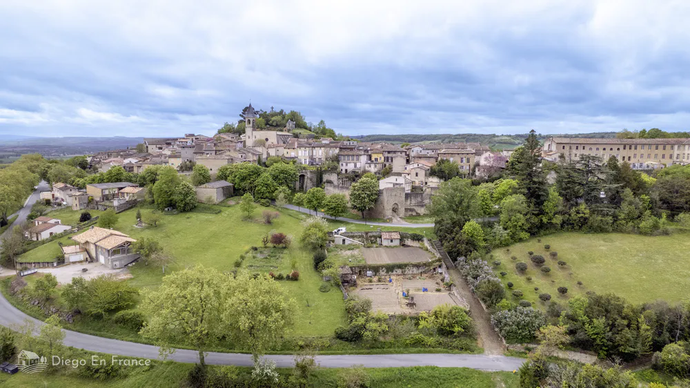 Aerial view of Lautrec and its countryside, a charming rural destination for an excursion from Toulouse.