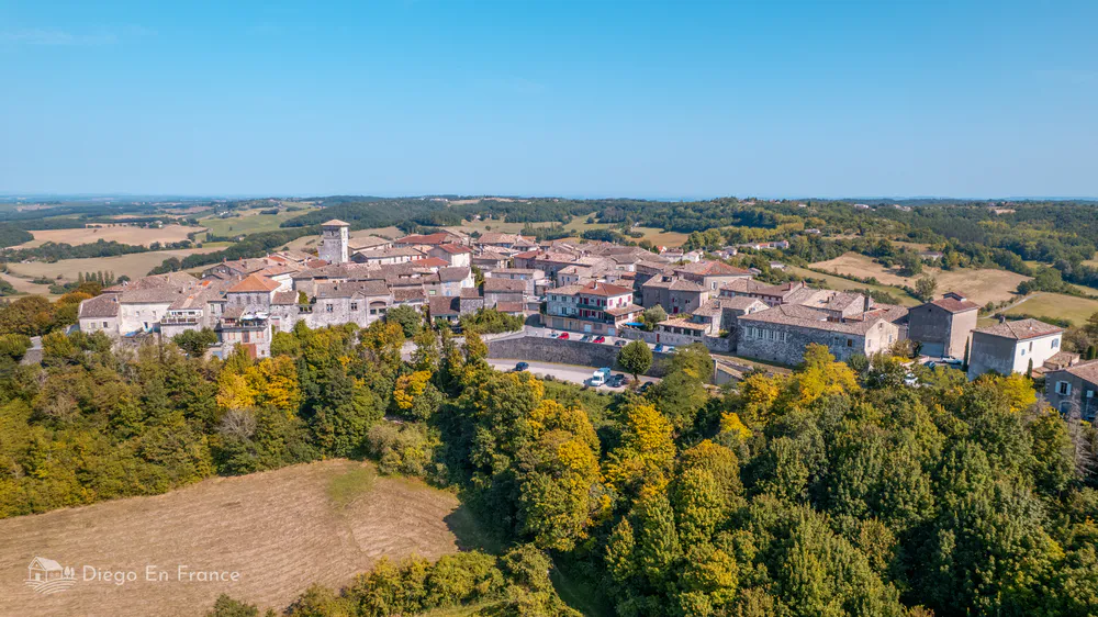 Aerial view of Castelnau-de-Montmiral, a medieval enclave in the middle of the Occitan landscape, just over an hour from Toulouse.