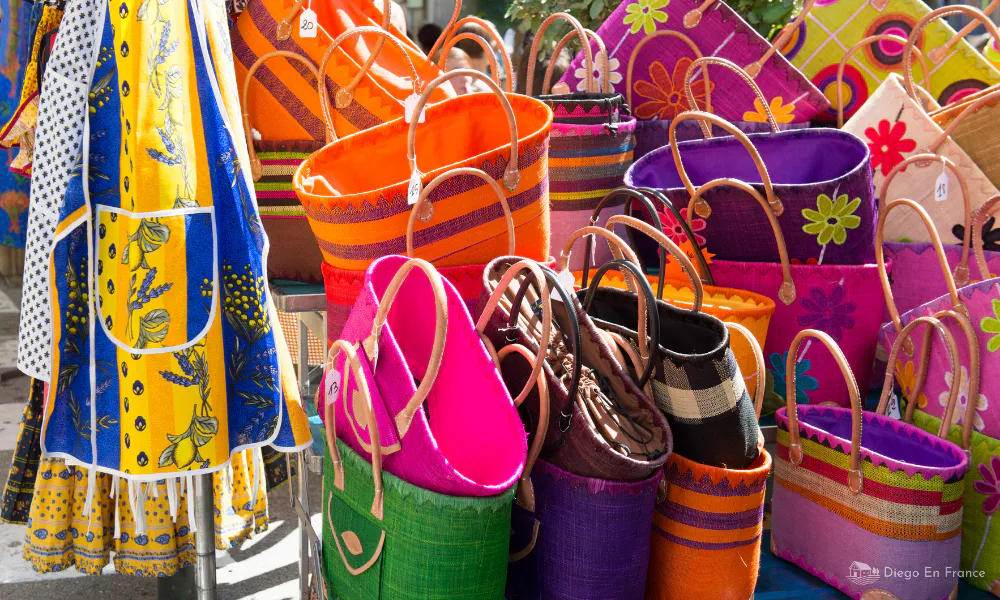 Craft products and typical textiles at the Saturday market in the center of Lavaur.
