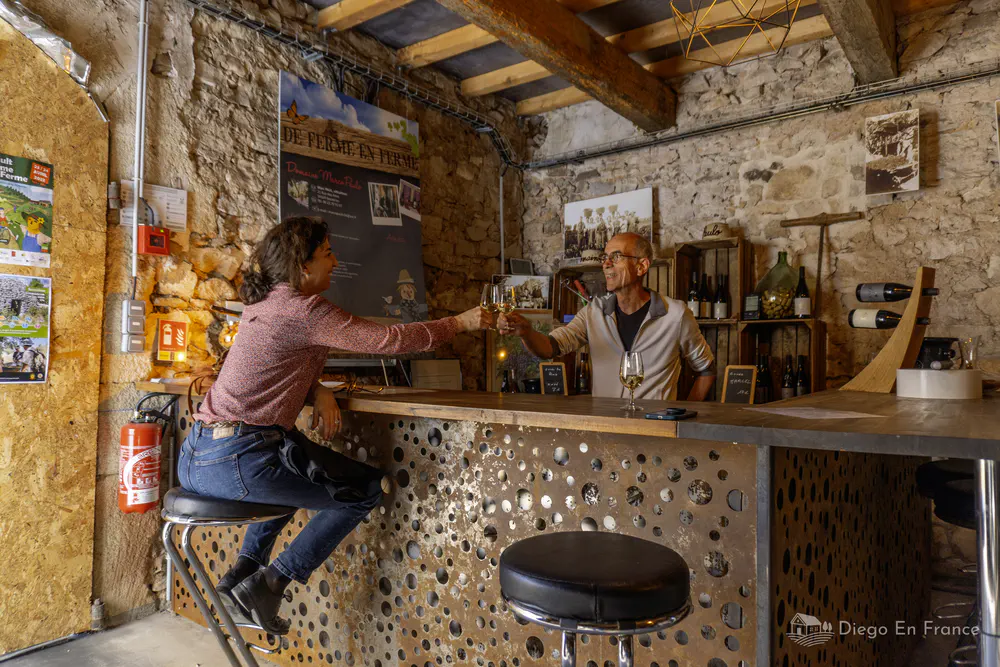 Dégustation à la cave familiale du Domaine Marco Paulo à Saussines, où les visiteurs partagent des vins artisanaux dans un cadre chaleureux et authentique. Photo par diegoenfrance.com