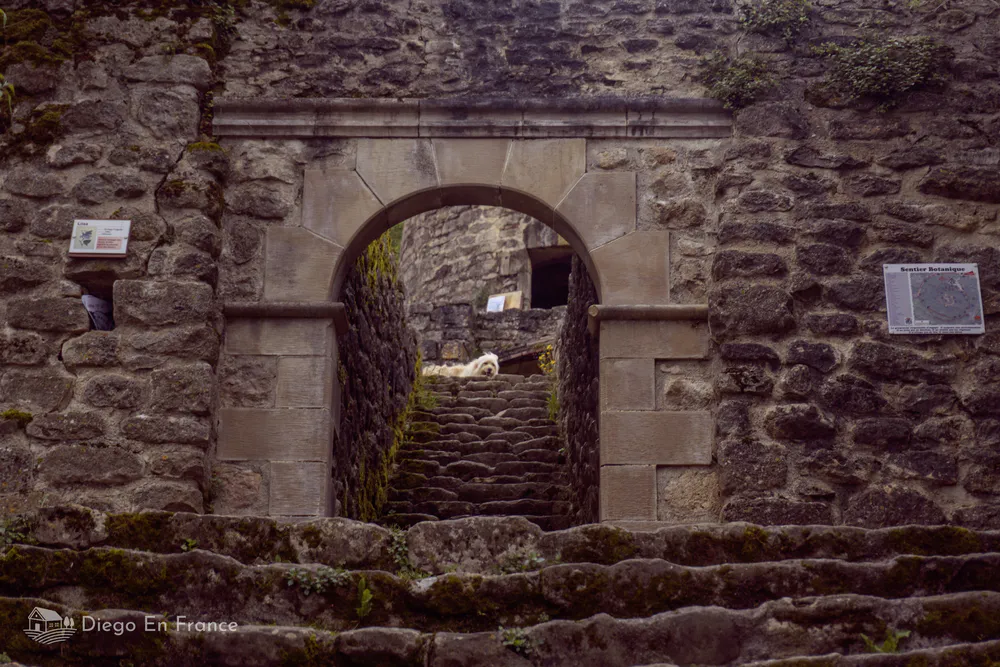 Perspectiva ascendente de la antigua puerta fortificada de Lautrec hacia el molino, cargada de historia.