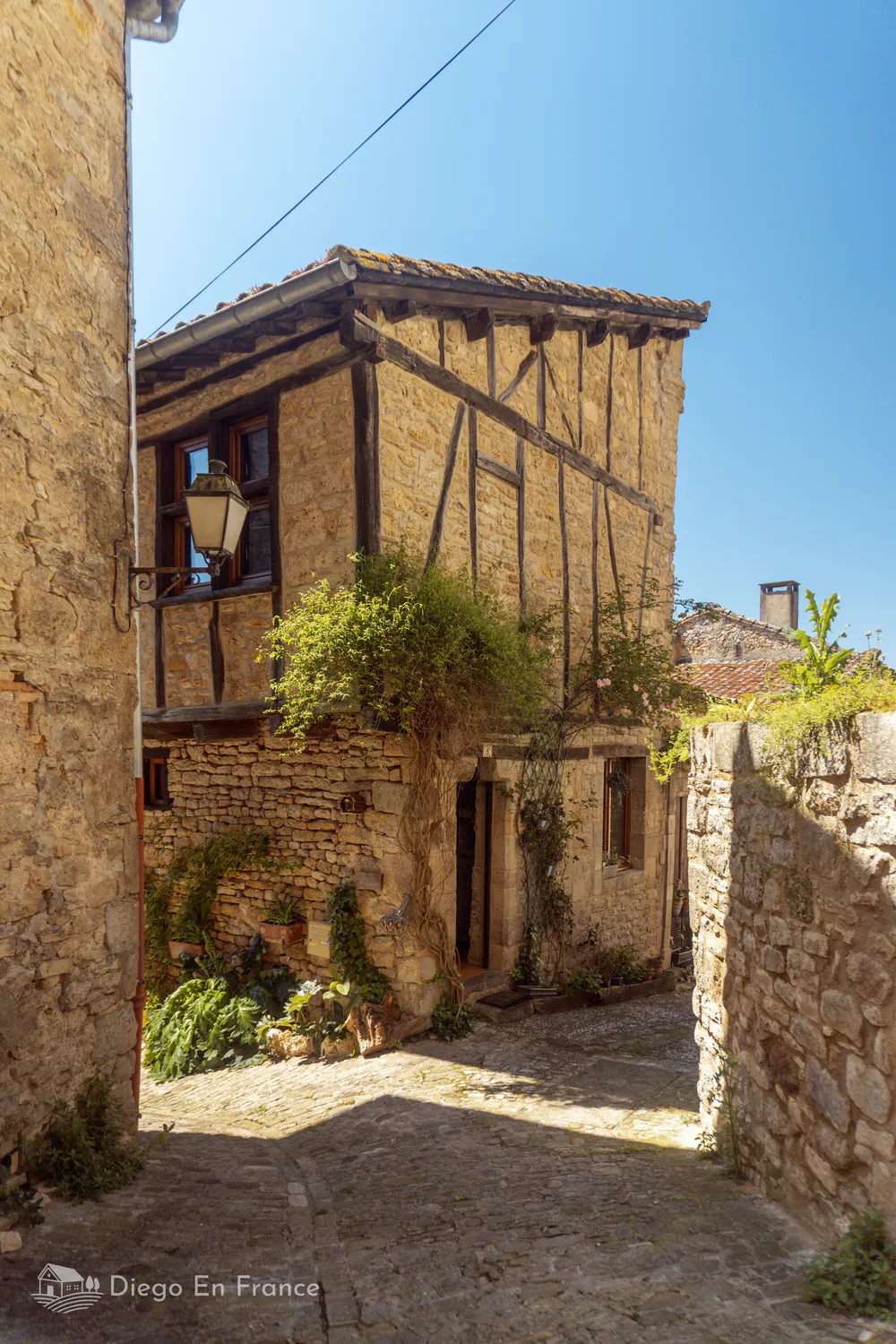 Traditional medieval house with wooden beams and ivy in a sunlit alley of Bruniquel.